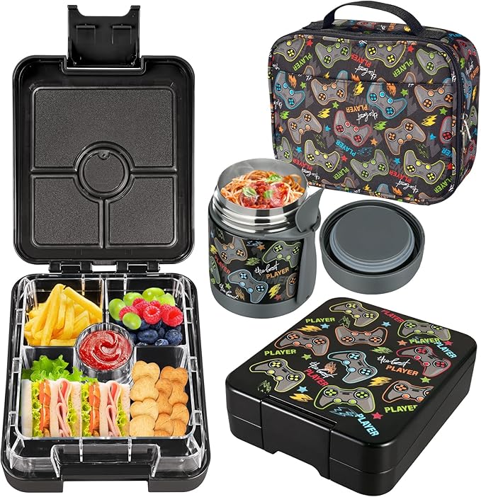 Bento Lunch Box Set for Kids with 10oz Soup Thermo, Leak-Proof Lunch Containers with 4 Compartment, Kids Thermo Hot Food Jar and Insulated Lunch Bag for Kid to School,BPA-Free(Dragon)