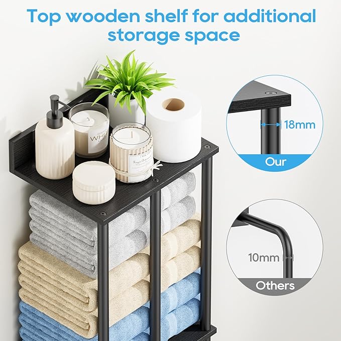 Towel Racks for Bathroom Wall Mounted with Wooden Storage Shelf, Updated 3 Bar Metal Towel Holder for Rolled Towels, Sturdy and Large Capacity, Towel Storage Organizer