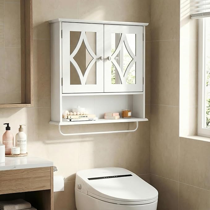 RoyalCraft Bathroom Wall Cabinet with Mirror, Over The Toilet Storage Cabinet with Towel Rack and Adjustable Shelf, Large Bathroom Medicine Cabinet Wall Mount 22x25 inch (White)