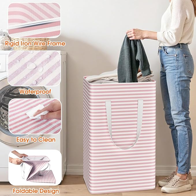 3 Pack Large Laundry Basket,Waterproof & Freestanding Laundry Hamper,Collapsible Clothes Hampers with Easy Carry Long & Reinforced Handles in Bathroom,College Dorm(88Lx3,Pink)