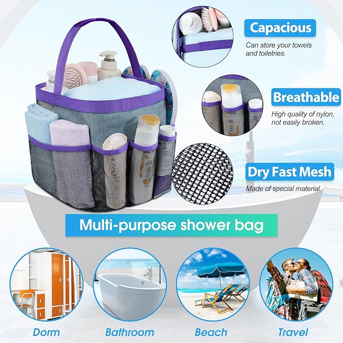 Attmu Mesh Shower Caddy Portable for College Dorm Room Essentials with 8 Pockets, Hanging Shower Caddy Dorm Basket, Quick Dry Shower Bag for Bathroom