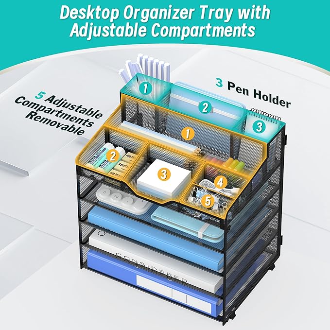 5 Tier Mesh Desk Organizer,Multi Functional Letter Paper Tray with 3 Pen Holders and 5 Adjustable Storage Compartments for Office Supplies Files and Mail Space Saving Desktop Organizer-Black