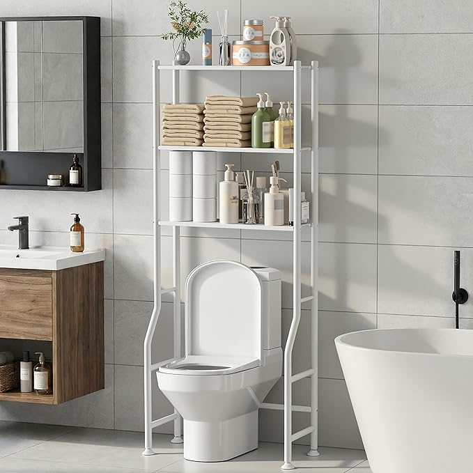 3-Tier Over Toilet Storage Rack, Metal Over Toilet Bathroom Organizer Shelf, Freestanding Space Saver Storage Shelves for Bathroom/Laundry/Living Room (White)