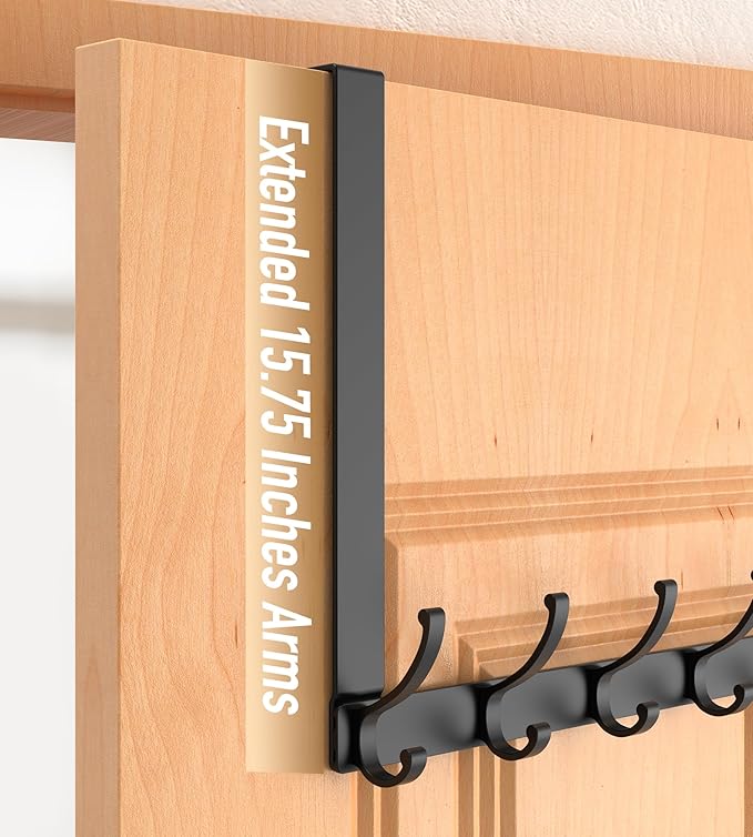 Long Over The Door Hooks Hanger with 15.75" Arms for Easier Access by Shorter, Heavy Duty Door Hanger for Coat, F16U, Fits Standard 1 3/8'' Doors, Towel Racks for Bathroom, Black