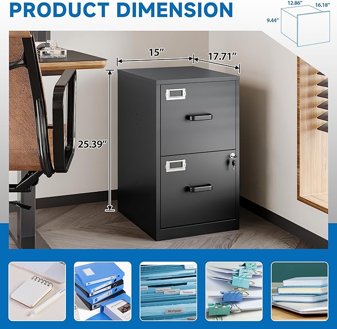 2 Drawer File Cabinet with Lock Vertical Filing Storage Cabinet Office Home Steel Vertical File Cabinets for Letter Size File Cabinet Locked,Assembly Required