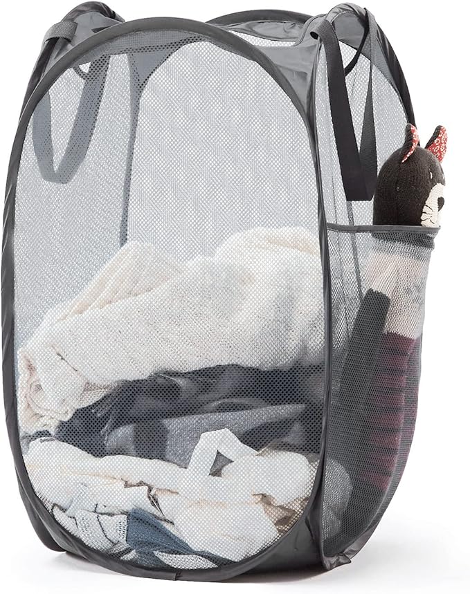 TECHMILLY Collapsible Mesh Pop Up Laundry Hamper with Sturdy Handles and Side Pocket - Portable Foldable Clothes Baskets for Dorm, Bathroom & Travel Storage (Grey)