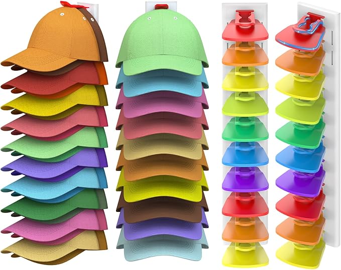 Hat Organizer for Baseball Caps, 2 Pack Hold Up to 40 Hats, Hat Rack for Wall Space Saving, Hat Hanger w/Strong Adhesive Hat Storage Holder Display for Closet Door and Wall(White& Color)