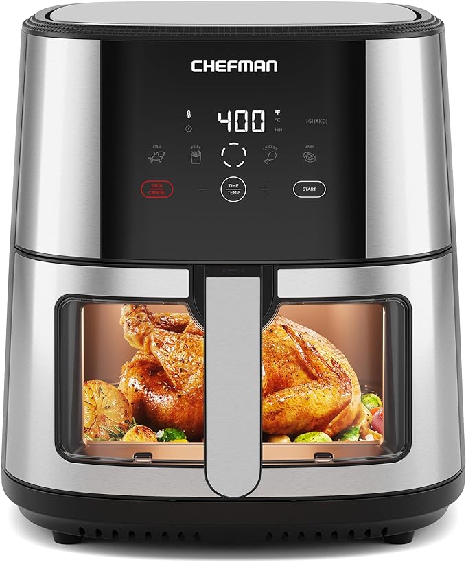 Chefman TurboFry Touch Air Fryer, Large 5-Quart Family Size, One Touch Digital Control Presets, French Fries, Chicken, Meat, Fish, Nonstick Dishwasher-Safe Parts, Automatic Shutoff, Stainless Steel