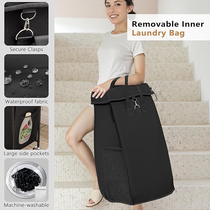 110L Laundry Basket with Wheels, Rolling Laundry Hamper with Metal Frame and Removable Bag, Dirty Clothes Hampers for Bedroom, Bathroom, Dorm Room, Black