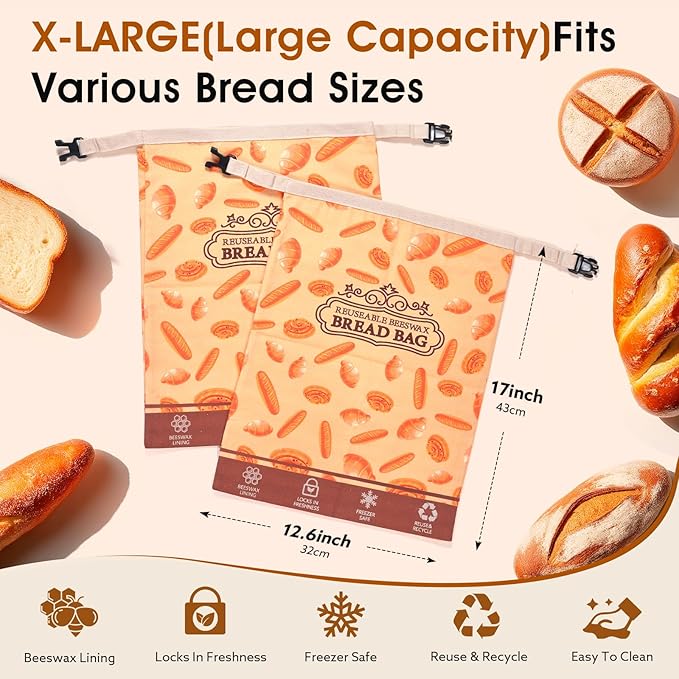 1 Pack Beeswax Bread Bags for Sourdough Homemade Bread, XL Cotton Lining Sourdough Reusable Natural Beeswax Bread Storage Bag, Keep Fresh and Upgraded Large Capacity Portable