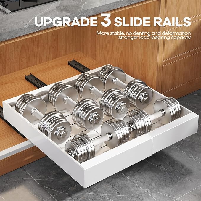 4Pack Expandable Pull Out Cabinet Organizer 21"Deep with Raising Pad for Framed Cabinets,Slide Out Drawers with 4pcs Divider Racks,Roll Out Shelves Adhesive,Adjustable Width 12.05"-20.4"White