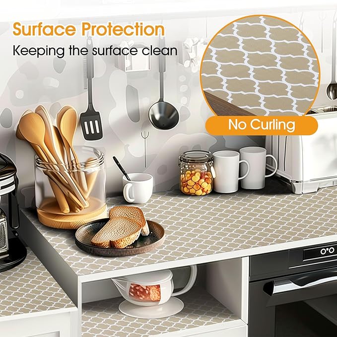 Shelf and Drawer Liner for Kitchen Cabinets Non-Adhesive, Strong Grip Non-Slip Thickened Cabinet Liners for Shelves, Waterproof Mats for Dresser Cupboard, Beige, 23 in x 30 Feet