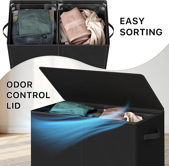 Simple Houseware Double Laundry Hamper with Lid and Removable Bags, Black