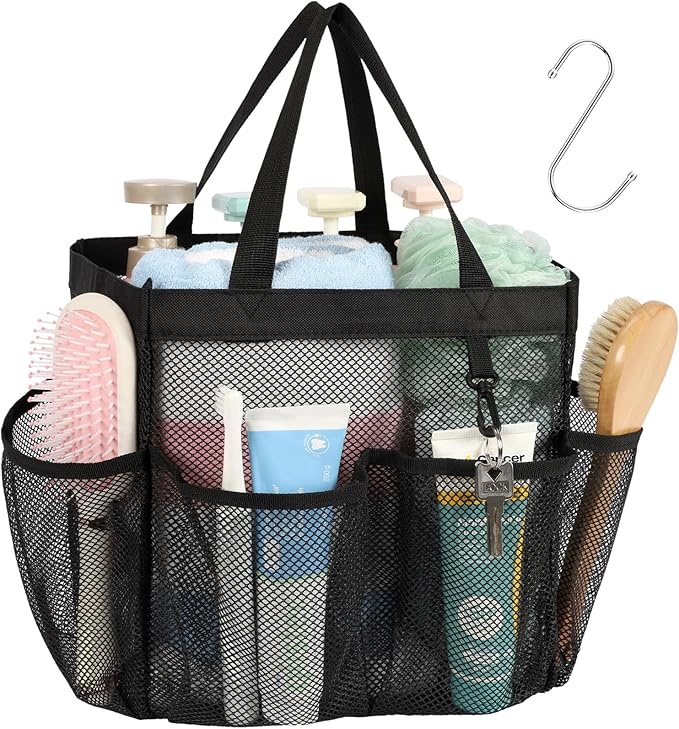 F-color Mesh Shower Caddy Portable, Upgrade Deeper 7 Pockets Shower Bag Basket Tote for College Dorm Room Toiletry Bathroom Essentials Gym Camp Quick Dry 2 handles with S Hook, Black
