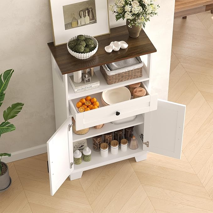 Farmhouse Bathroom Storage Cabinet with Drawer & Adjustable Shelves, White 23.6" Wide Freestanding Floor Cabinet, Barn Door, Sturdy Wood, for Kitchen, Entryway (23.6 * 11.8 * 39.3" (Floor))