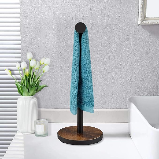 Towel Holder Stand, Countertop Hand Towel Stand for Bathroom and Kitchen, Free Standing Counter Towel Rack with Weighted Wood Base, Rustic Black and Brown