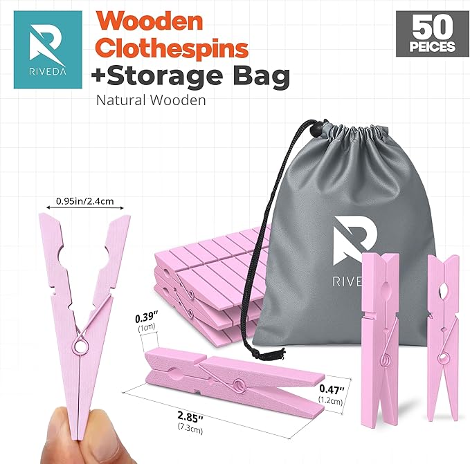 50 Pack Colored Clothes Pins Wooden for Crafts, 2-7/8" Inch Clothespins, Home & Classroom Must Haves, Decor & Crafts, Hanging Pictures, Light Pink