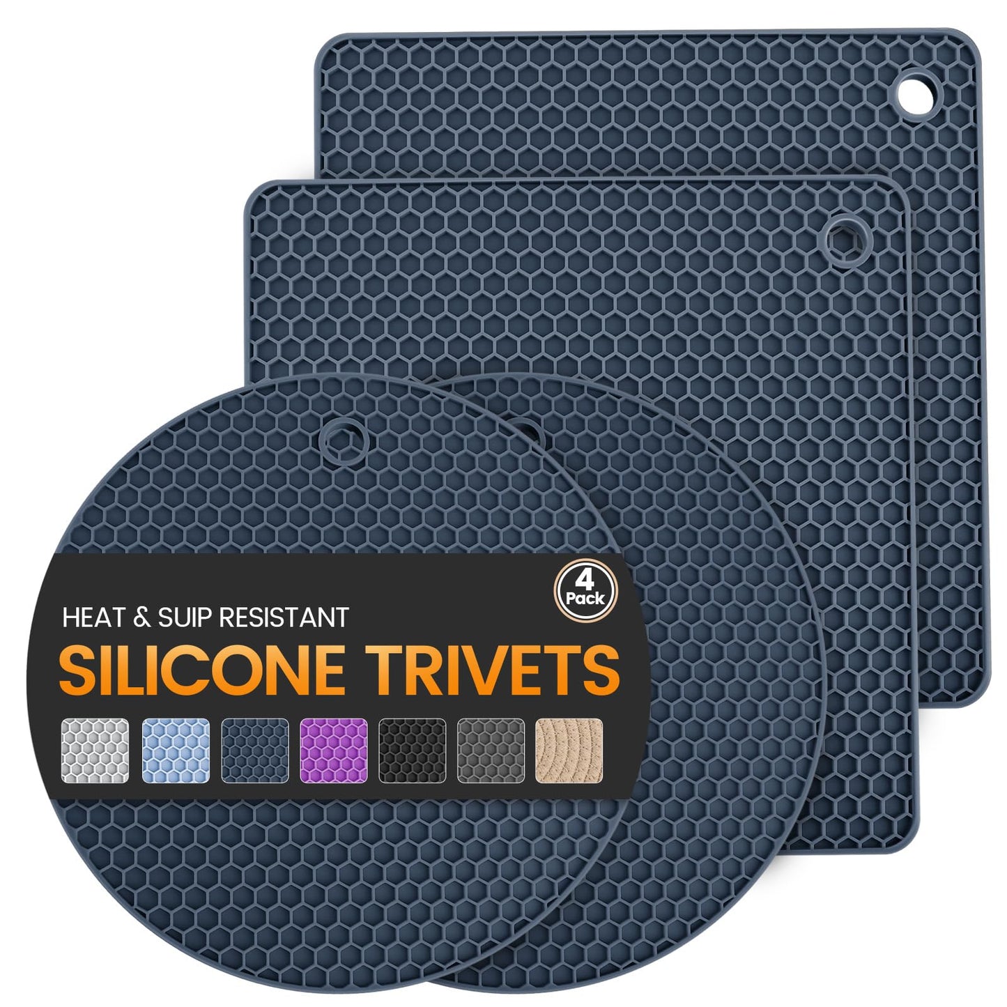 Silicone Trivet Mats 4 Heat Resistant Pot Holders Multipurpose Non-Slip Hot Pads for Kitchen Potholders, Drying mat, Jar Opener, Spoon Holder, Coaster.(Dark Black)