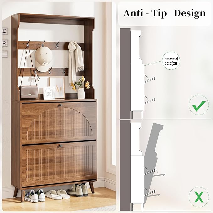 Shoe Cabinet for Entryway with 2 Flip Drawers & Coat Rack, Narrow Hidden Shoe Storage Cabinet with Fluted Panel, 2-in-1 Hall Tree Slim Freestanding Shoe Rack Organizer for Hallway, Walnut