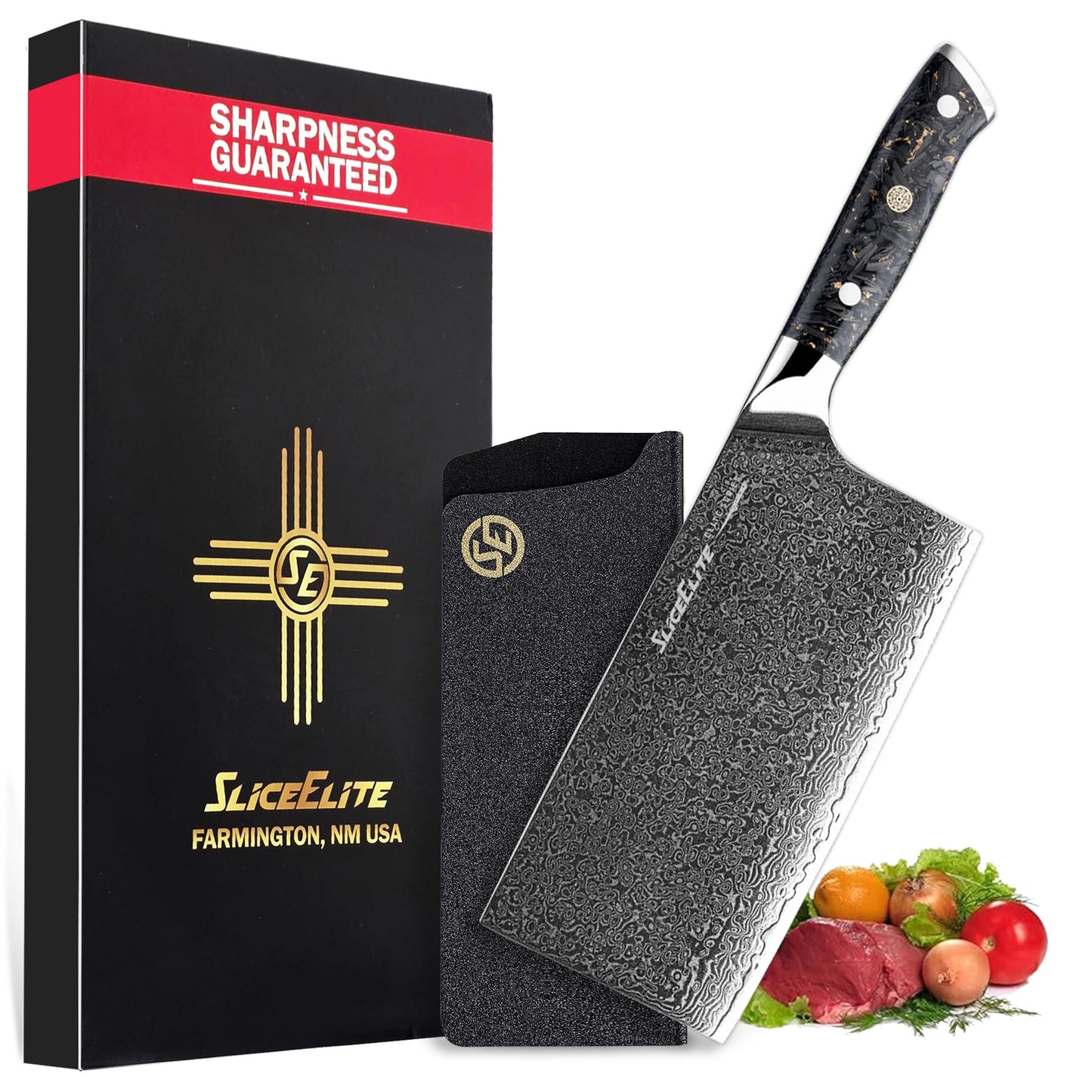 Damascus Meat Cleaver VG10 Steel 7 Inch Blade Leather Sheath & Blade Guard