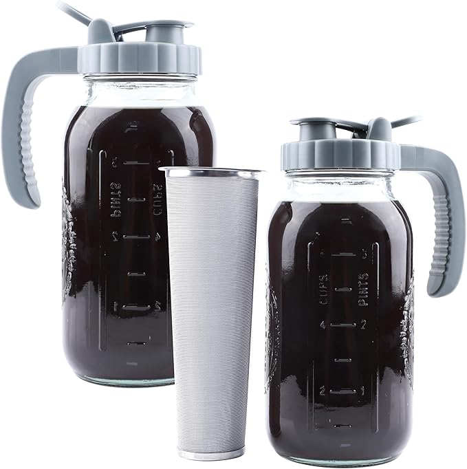 Cold Brew Coffee Maker 64 OZ Mason Jar Cold Brew Pitcher With Infuser 2 Quart Wide Mouth Iced Coffee Maker With Pour Spout Lid And Handle Half Gallon Airtight & Leakproof Pitcher For Fridge