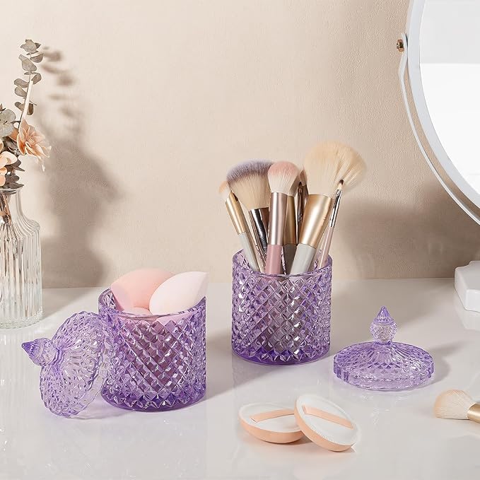 2 Pack Qtip Holder Thick Glass Apothecary Jars with Lid for Bathroom Decor Storage Organizer for Cotton Swabs, Balls, Pads, Floss Picks, Candy, Jewelry, Purple