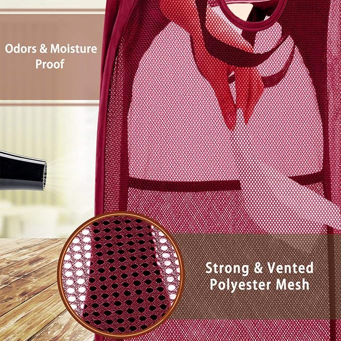Strong Mesh Pop-up Laundry Hamper, Quality Laundry Basket with Durable Handles Solid Bottom High Carbon Steel Frame, Easy to Open and Fold Flat for Storage (Red)