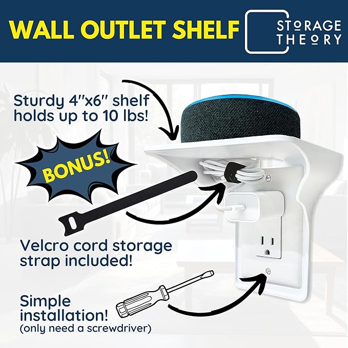 BeraTek Power Perch Wall Outlet Shelf with Cord Storage Strap - Declutter & Reclaim Counter Space - Echo Dot Wall Mount, Charging Shelf, Apple HomePod Mini Stand - White, 1-Pack