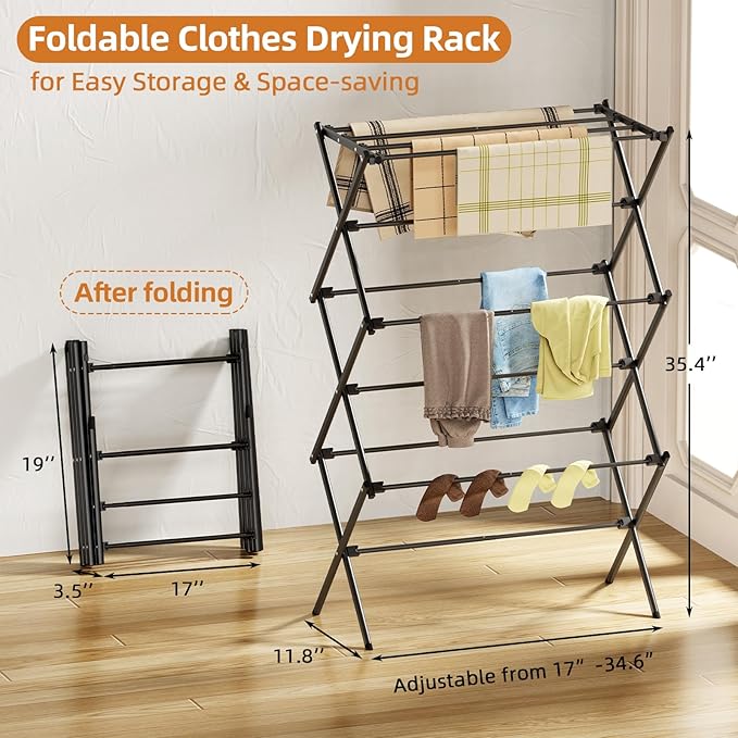 Drying Rack Clothing, 3-Tier Clothes Drying Rack Foldable, Antirust Laundry Drying Rack Collapsible Use for Indoor & Outdoor, 11.8" D x 34.6" W x 35.4" H, Black