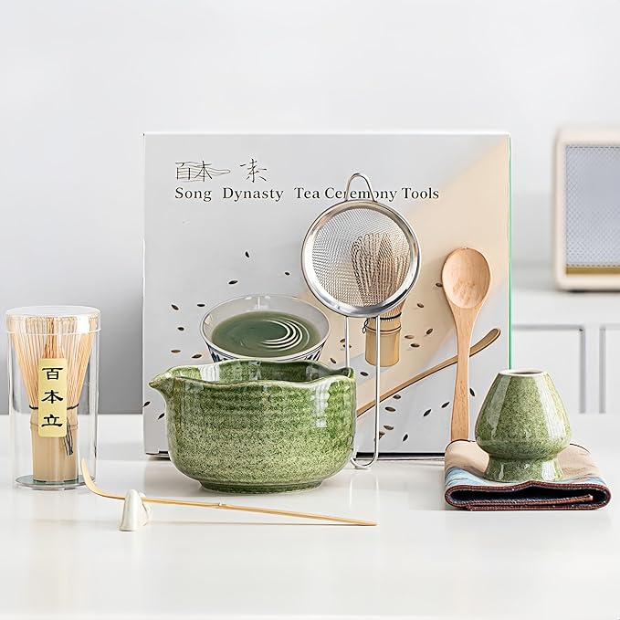 Matcha 7-Piece Set, Japanese Matcha Ceremony Kit with Chawan Bowl, Bamboo Whisk and Strainer, Great Gifts for Mom, Grandma, Wife, Women, Birthday, Mother’s Day, Graduation, Home Decor(Black)