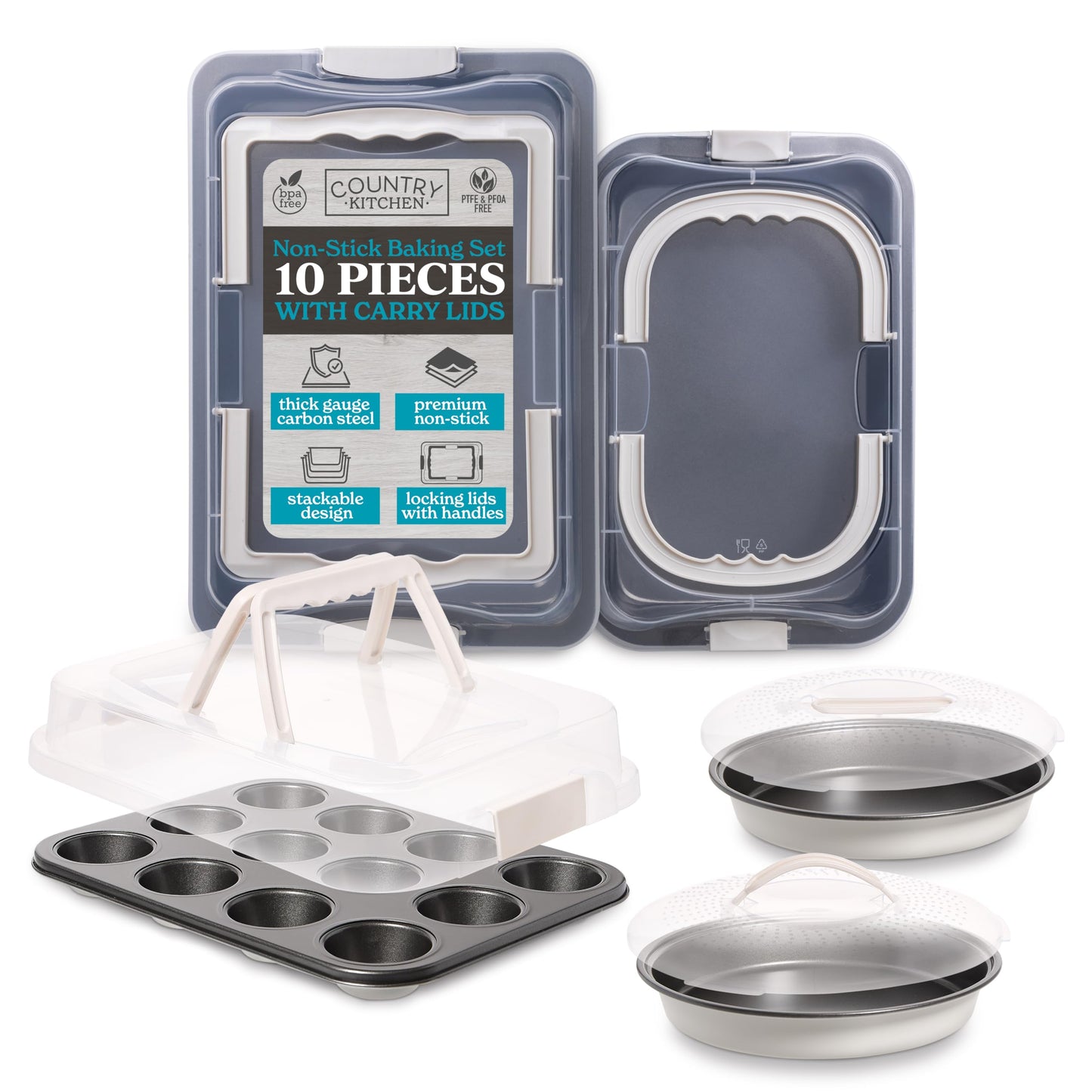 Country Kitchen Baking Pans Set - 10 Piece Non-Stick Cake Pans with Carry Lids for Easy Storage & Travel, Perfect for Parties - Stackable, Pink