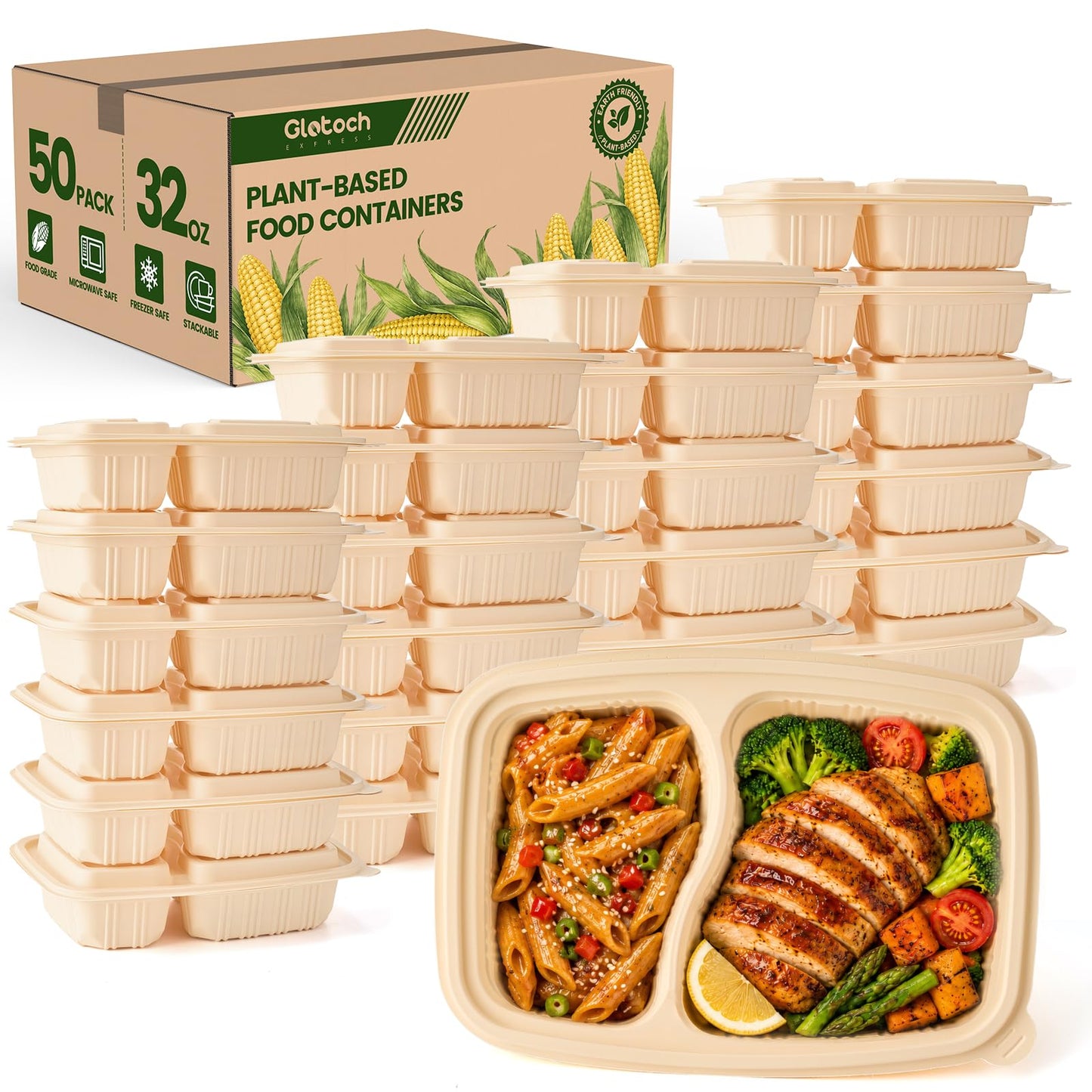 100 Piece (50 Pack) Meal Prep Containers Reusable - 2 Compartment 32 oz Cornstarch Snack Containers with Lids - Plastic Food Storage Salad Containers - To Go Lunch Box - Microwave & Freezer Safe
