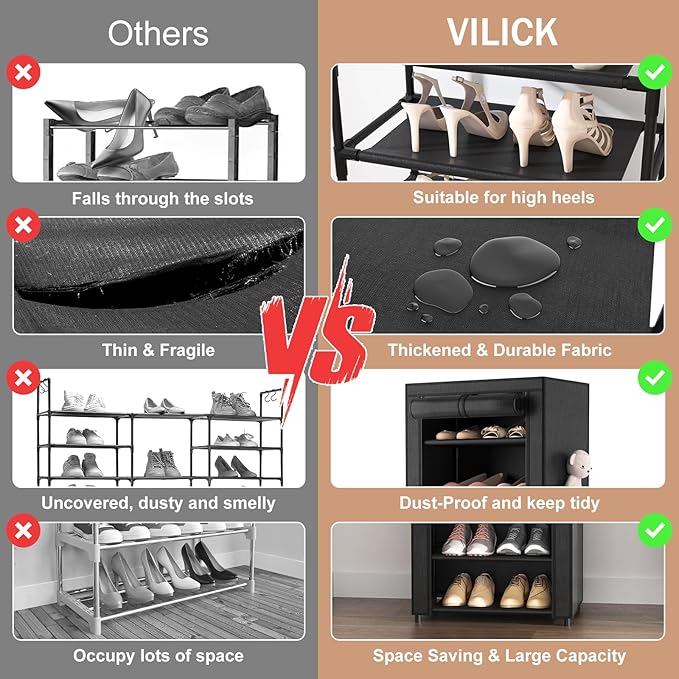 Shoe Rack with Cover Narrow Shoe Organizer with 4 Side Pockets 10 Tier Tall Shoe Storage Holds 18-22 Pairs Shoes and Boots Shoe Rack for Closet Entryway Garage