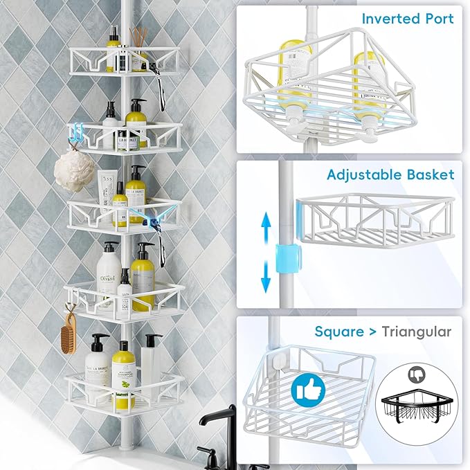 Skycarper 5 Tier Adjustable Corner Shower Caddy Organizer with Hooks,Rustproof Tension Pole 62-116 Inch,White