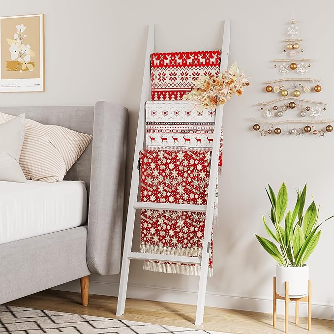 Bamboo Towel Rack 5-Tier Blanket Ladder for Living Room, Bedroom, Bathroom Space-Saving Decorative Ladder for Quilts, Towels and More White