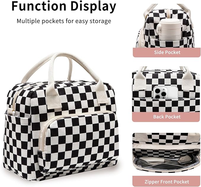 Lunch Bag Women Lunch Box for Women Adult Cute Insulated Lunch Bag Lager Cooler Lunch Tote Bags for Work Picnic (Black-White Plaid)