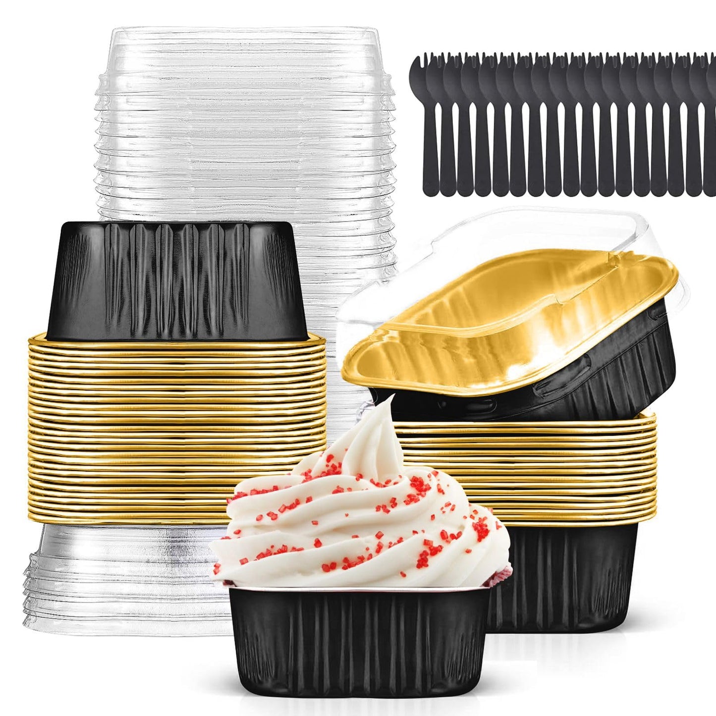 10oz Mini Cake Pans with Lids (40 Pack) Aluminum Foil Square Cupcake Liners Brownie Baking Cups,Disposable 4”x4” Large Cupcake Pan,Jumbo Muffin Tin Ramekins Holders