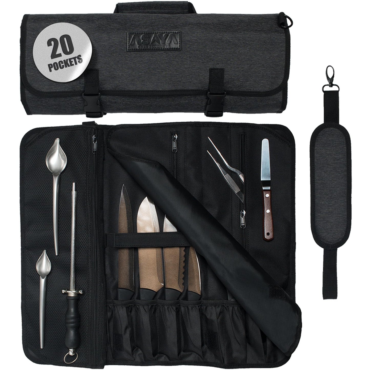 Asaya Waxed Nylon Chef Knife Roll Bag with 20 Slots and Zippered Pockets - Professional Chef Knife Bag & Storage Case, Tool Carrier with Shoulder Strap - Knives Not Included (Purple)