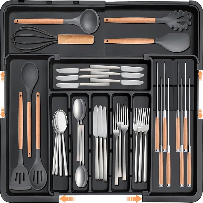 Homecor Silverware Organizer - Expandable Large Kitchen Drawer Organizer Utensil Organizer with 2 Knife Block Inserts, 22"x 19"Cutlery Tray with Drawer Dividers for Kitchen Flatware (Turquoise)