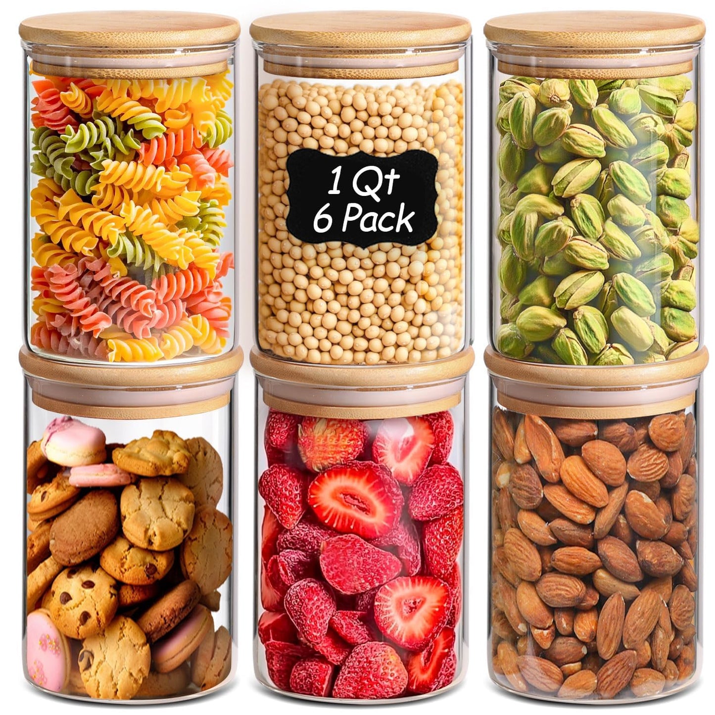 ComSaf Glass Storage Jars 6 Pack, Pasta Containers, Pantry Organization