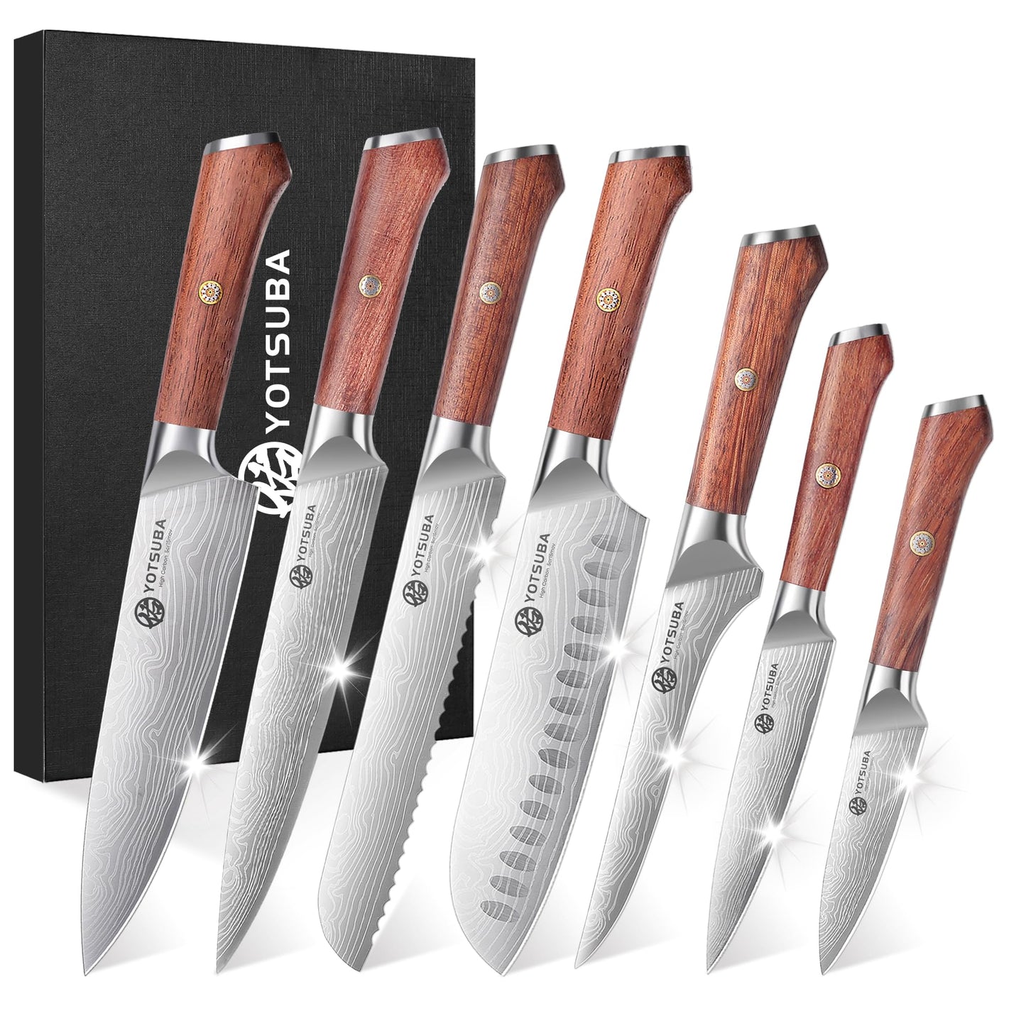 YOTSUBA 7PCS Japanese Kitchen Knife Set with Genuine Natural Rosewood Ergonomic Handle & Gift Box, Professional Ultra Sharp High Carbon Stainless Steel Knives for Cooking