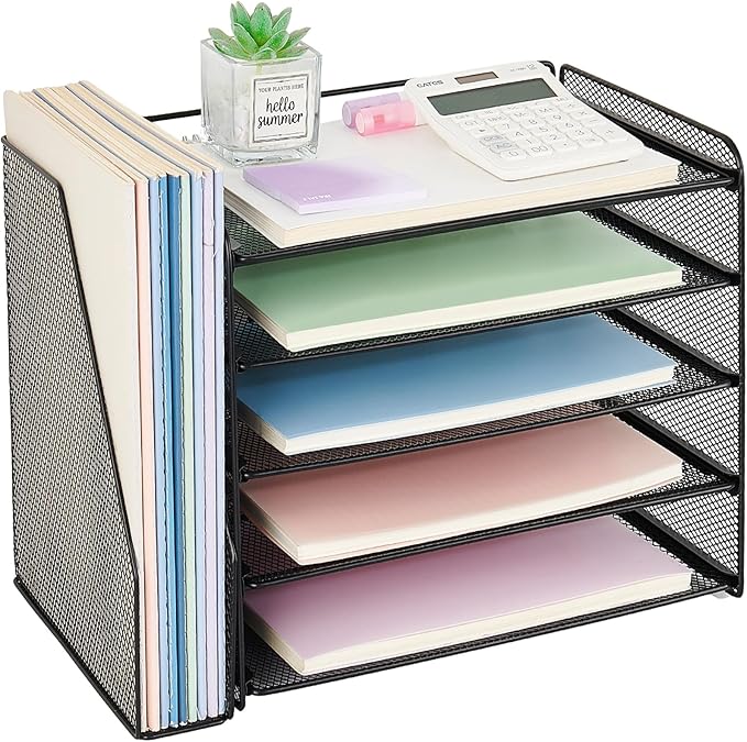 OPNICE Desk Organizer, 5-Tier Paper Organizer Letter Tray with Magazine Holder, Office Desk Accessories & Workspace Organizers, Desktop File Organizer for Office Supplies Storage, Black