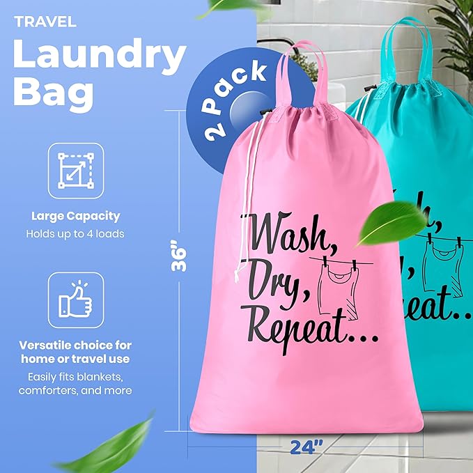 Extra Large Travel Laundry Bag - 2-Pack Fun Print Design Bags for Dirty Clothes - Durable Water-Resistant Fabric - Sturdy Drawstring Closure (Pink-Teal | Wash Dry Repeat)