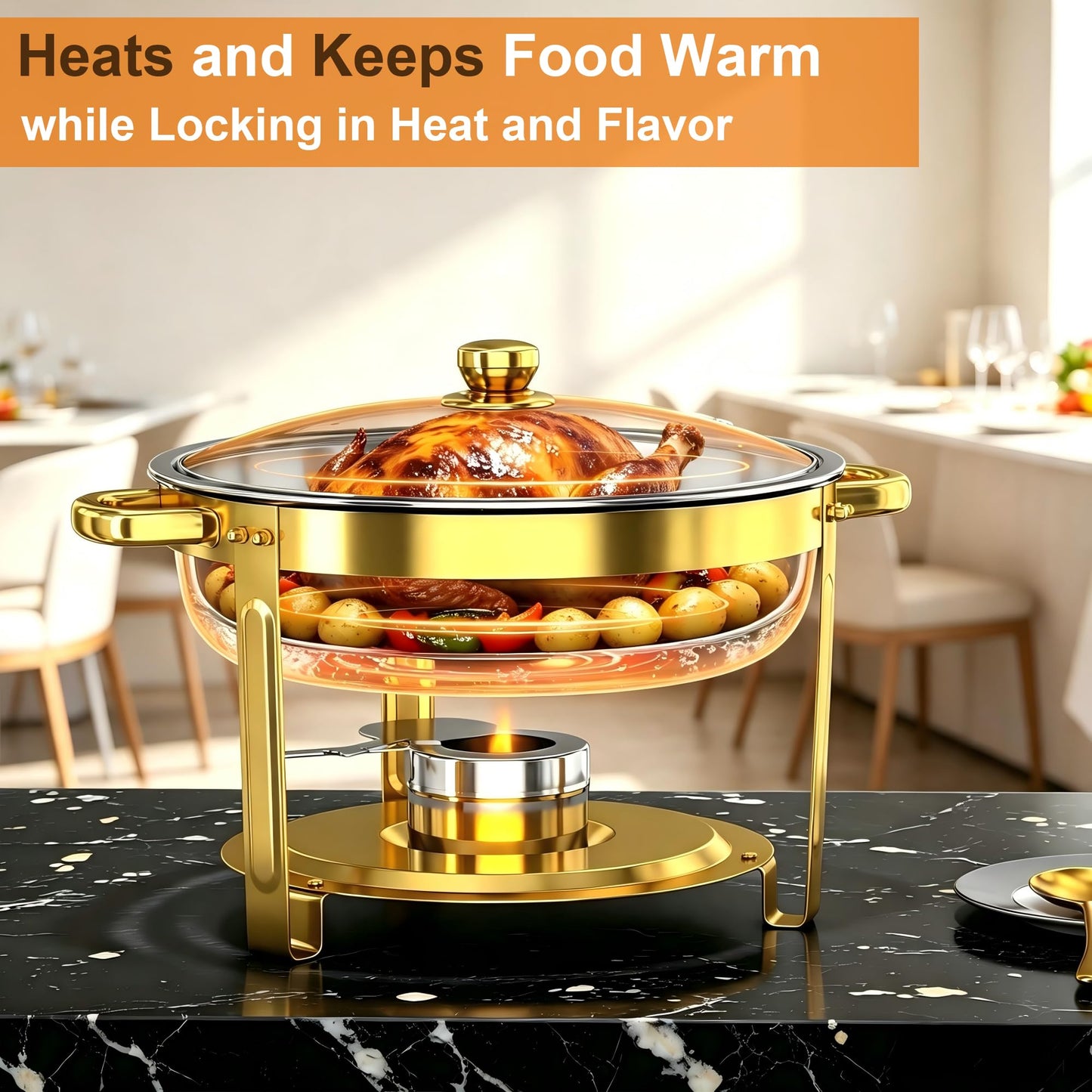 EffiQ-Rate 5QT Round Chafing Dishes for Buffet, Gold, 4 Pack