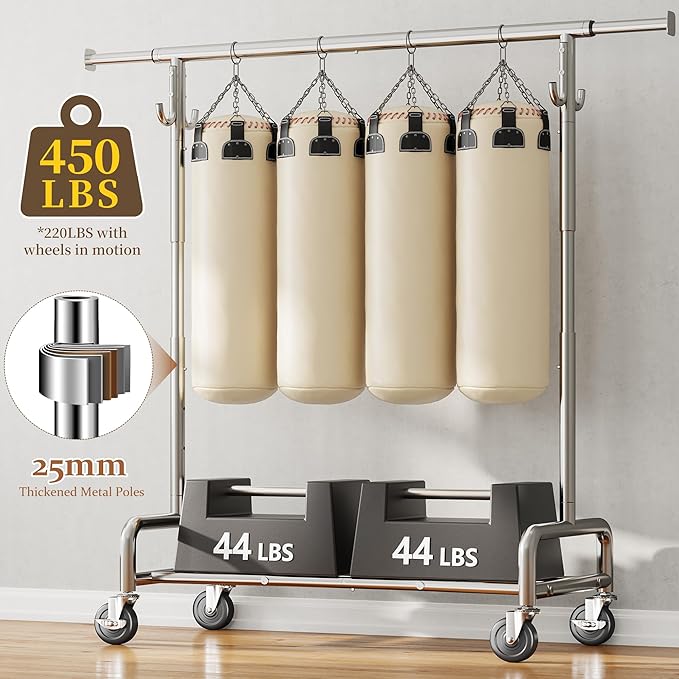 Raybee Heavy Duty Clothes Rack 75" Extra Wide, 450 LBS Clothing Rack with 4 Hooks, Lockable Wheels, Metal Garment Rack for Bedroom, Laundry Room, Commercial