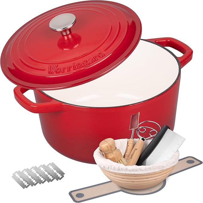 VORRINGARD Enameled Cast Iron Dutch Oven Pot with Lid, for Bread Baking, Round Bread Oven- include Sourdough Bread Baking Supplies Set, 4.5QT, Latte