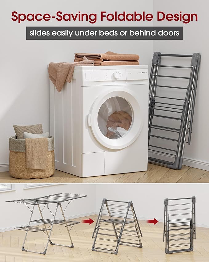 Clothes Drying Rack, Foldable 2-Level Laundry Drying Rack with Height-Adjustable Wings, for Clothing & Bedding, Free-Standing Space-Saving Rack, Indoor & Outdoor, 55.5" L × 22.8" W, Gray