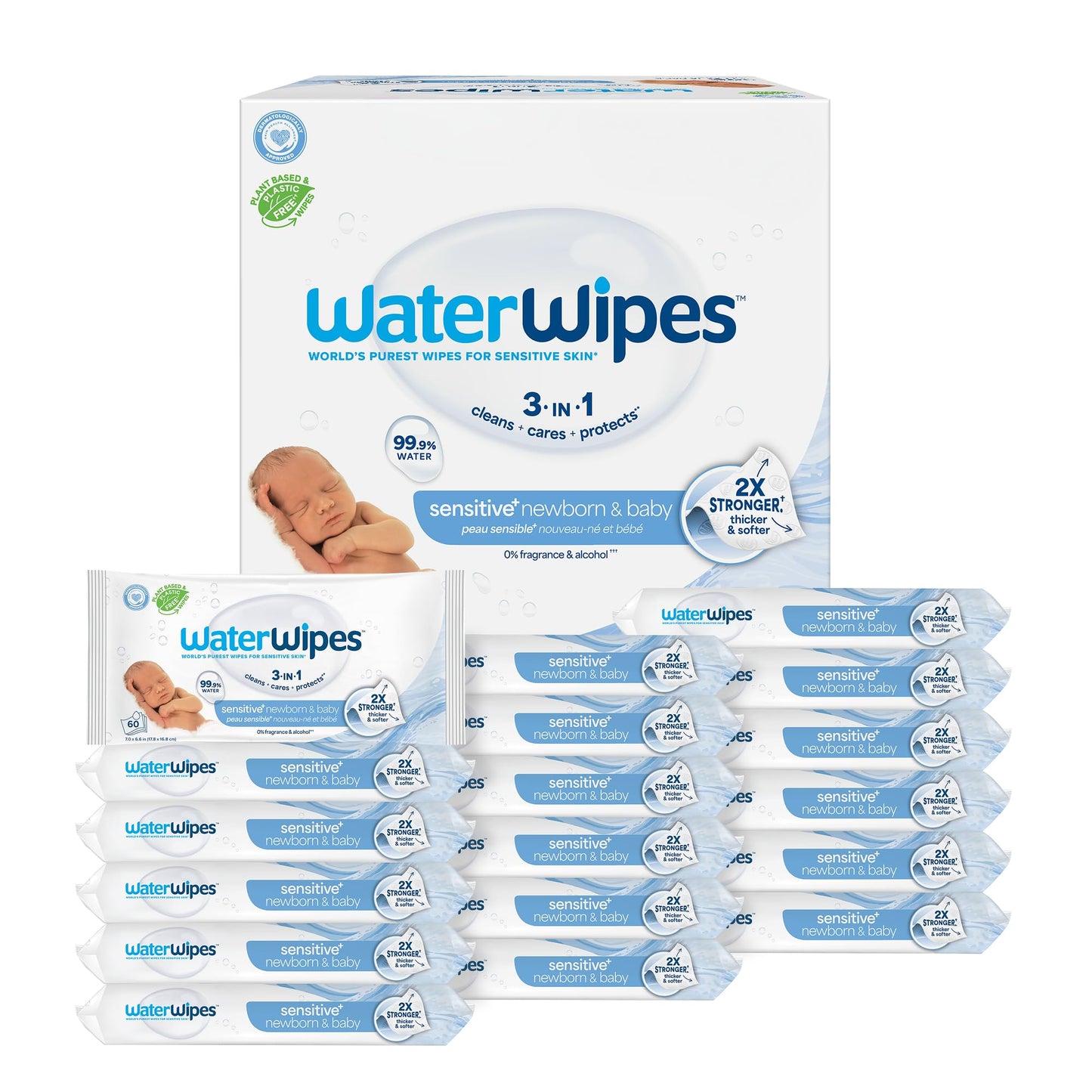 WaterWipes Sensitive+ Newborn & Baby Wipes, 3-In-1 Cleans, Cares, Protects, 99.9% Water, Unscented & Hypoallergenic, 1080 Count (18 Packs)