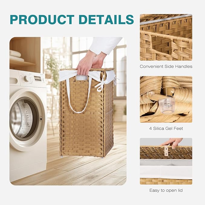 DUMOS Wicker Laundry Basket with Lid, 29.6 Gallon (112L) Woven Laundry Hamper with Handles, Foldable Rattan Clothes Hamper with Removable Liner & Sturdy Steel Frame, Goose Yellow