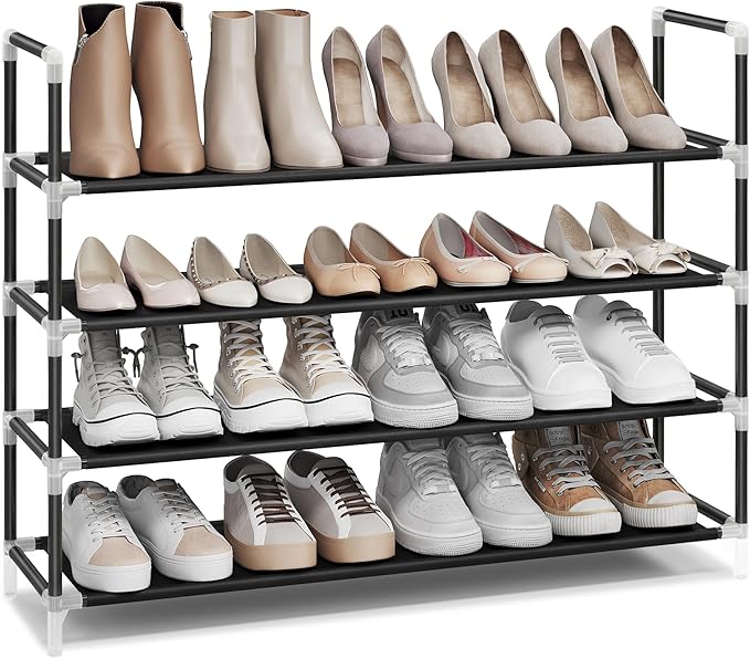 SONGMICS 4-Tier Shoe Rack, Shoe Storage for Hallway Closet, Slim and Space-Saving, Metal Frame, Non-Woven Fabric Shelves, Black ULSH054B01